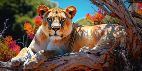 illustration of a lioness is resting under a shady tree, generative AI