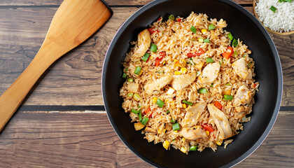 Fried rice with chicken. Prepared and served in a wok. Natural wood in the background. Top view.