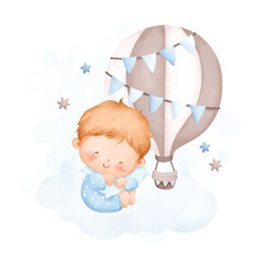 Watercolor illustration cute baby boy sits on cloud with blue hot air balloon and stars