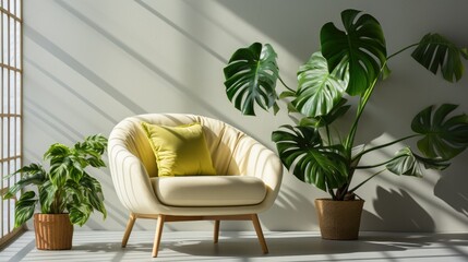 Monstera, shadow, contemporary houseplants in a ceramic container, white wall for copy space