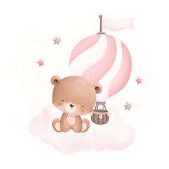 Watercolor illustration cute teddy bear sits on cloud with pink hot air balloon and stars
