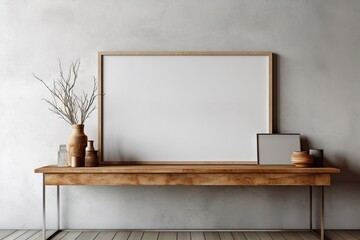 Empty mock-up poster frame on concrete wall above the wooden cabinet. Rustic style interior design of the modern living room in the farmhouse.  generative AI