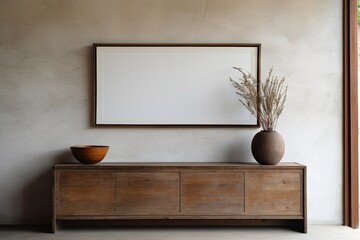 Empty mock-up poster frame on concrete wall above the wooden cabinet. Rustic style interior design of the modern living room in the farmhouse.  generative AI