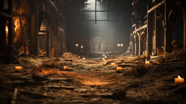 old abandoned barn with hay and lit candles. preparation for halloween