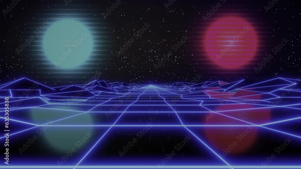 Poster synthwave animated background. 80s wireframe landscape. retro future perspective grid. retrowave sty