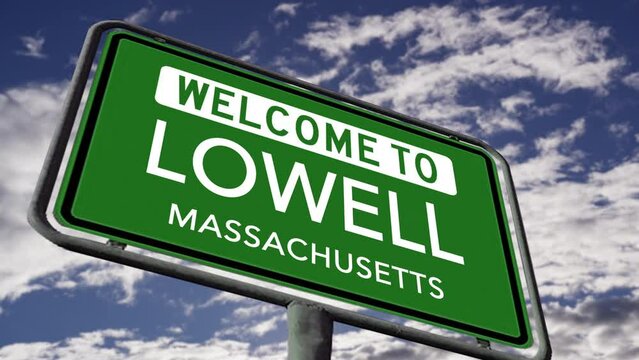 Welcome to Lowell, Massachusetts. USA City Road Sign Close Up, Realistic 3d Animation