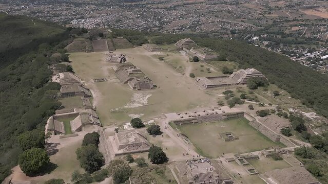 Flyover of temples and plazas of ancient Monte Alban ruins in Mexico