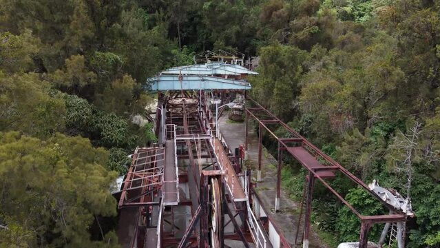 Drone flight over the ruins of the old cable car station El Liron, located in San Antonio de Galipan, Venezuela