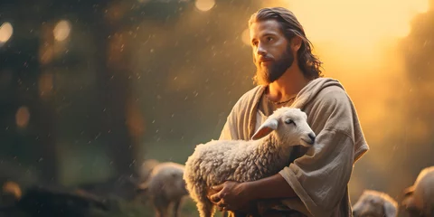 Tuinposter Jesus recovered the lost sheep carrying it in his arms. © sticker2you