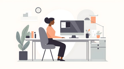 Woman working from home. Businesswoman sitting at desk and using laptop, Flat illustration, Generative AI tools