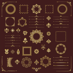 Vintage set of vector horizontal, square and round elements. Elements for backgrounds and frames. Classic patterns. Set of vintage btrown and golden patterns - 635307896