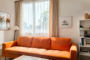 modern living room with orange sofa