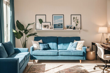 modern living room with blue sofa