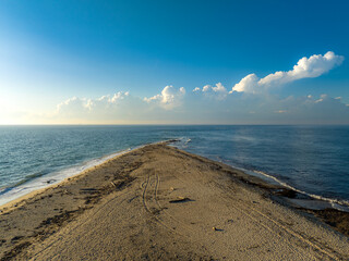 Amazing late afternoon summer aerial view of northern tip of Block Island, RI near North Lighthouse.	August 2023