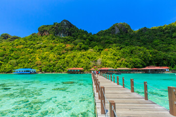 Fototapeta na wymiar Corals reef and islands seen from the jetty of Bohey Dulang Island, Sabah, Malaysia.