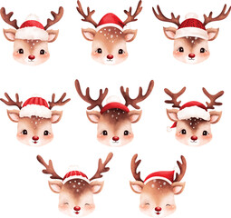Watercolor illustration set of Christmas reindeer head