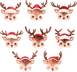 Watercolor illustration set of Christmas reindeer head © Stella