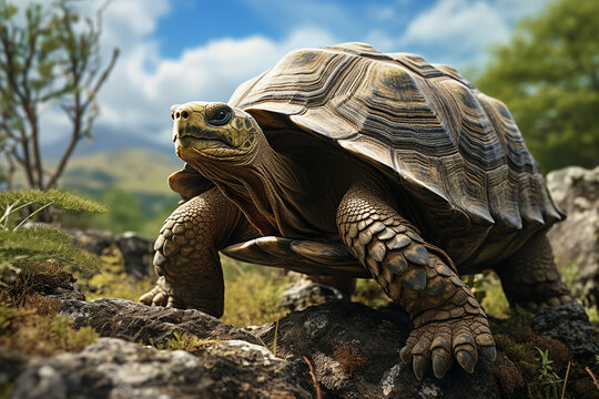Generative AI Image of a Great Tortoise Walking on a Rocks at Bright Day