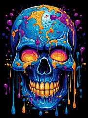 skull illustration, has a colorful background with puddles of paint, in poster or t-shirt art style. AI Generated Images