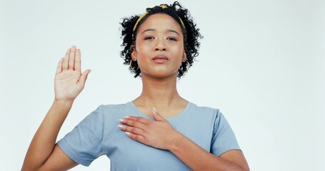 Palm, chest and hand by woman face in studio for swear, honesty and vow against white background. Portrait, emoji and female model with pledge sign for military, army or soldier, respect or salute
