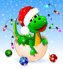 A dinosaur hatched from an egg. Cute little happy green dinosaur, with Christmas decorations and a Santa Claus hat, in a snowy winter landscape