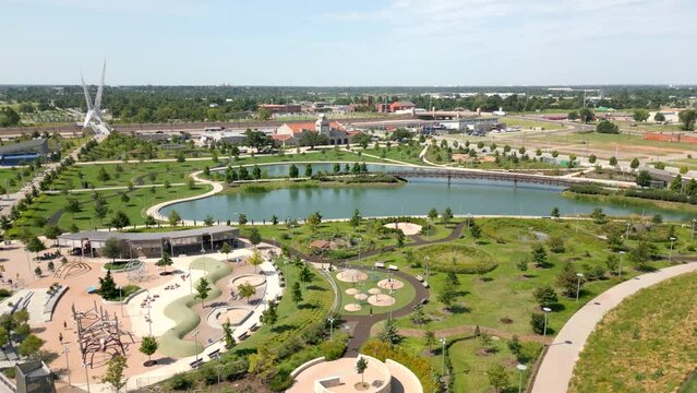 Aerial drone footage Scissortail Park Oklahoma City Summer 2023