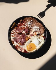 chilaquiles with ham, beans and egg, typical breakfast of mexico, in the shadow fork and hand, to eat, mexico latin america
