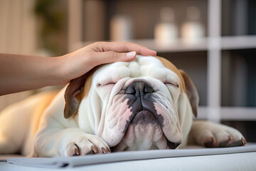 Hand stroking relaxed bulldog at home
