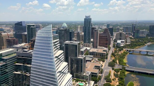 Aerial drone video riverfront Downtown Austin scene Summer 2023 during heat wave