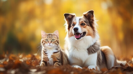 Cat and dog together in autumn park - obrazy, fototapety, plakaty