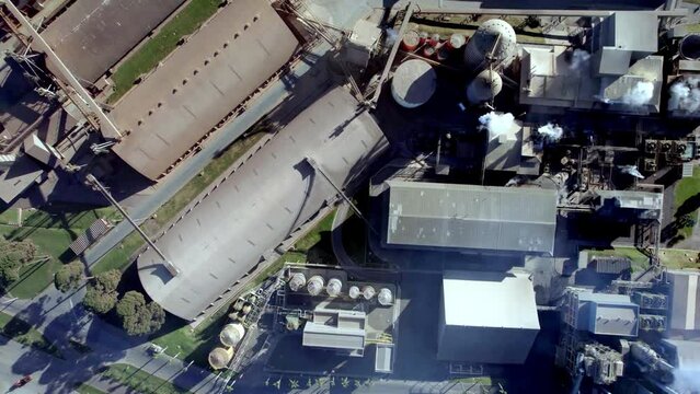 Cotton processing factory buildings in an industrial park in Brazil, drone view