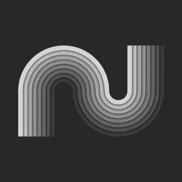 Bold letter N monogram logo initial, gray parallel ribbons creative layers pattern geometric smooth curves shapes, 3d stripes paper cut style design emblem, identity typography mark.