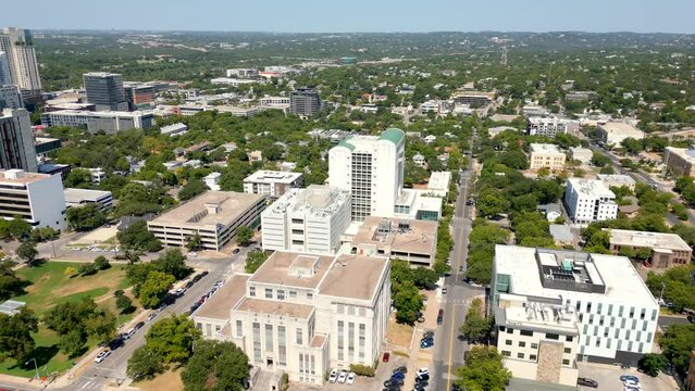 Aerial video Travis County court and jail Downtown Austin Texas