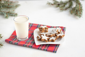 A glass of milk with cookies for Christmas. Bokeh and spruce branches. Flashlight