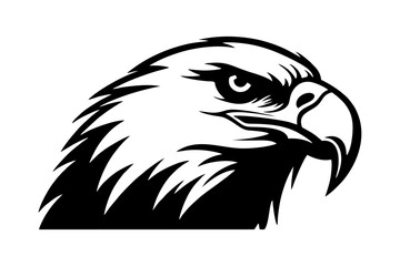 Eagle head profile black monochrome logo for print, plotter or laser cutting. Falcon hawk wild carnivorous bird portrait mascot insignia icon emblem freedom independence USA. Vector illustration