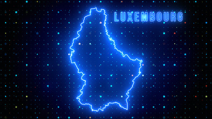 Futuristic Blue Shine Luxembourg Outline Map And Label Text Glowing Neon Light With Stars Sparkle Grid Background - obrazy, fototapety, plakaty