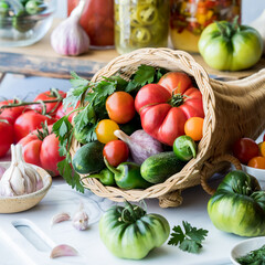 A wicker cornucopia filled with various freshly harvested fruit and vegetables. 