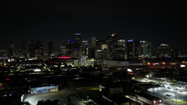 Night aerial reveal Houston Texas Toyota center stadium 4k circa 2023