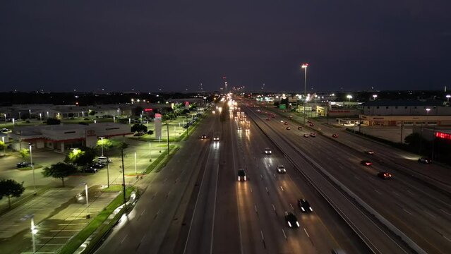 Aerial video flying over I45 Dallas Texas at night