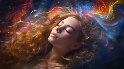 A colorful illustration of a woman sleeping. Dream-like surroundings. She has light skin and red hair.