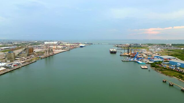 Stock aerial video Port of galveston view of Gulf of Mexico