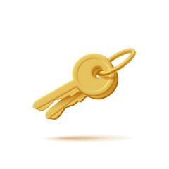 Bunch of keys 3d illustration, golden color classic shape with ring