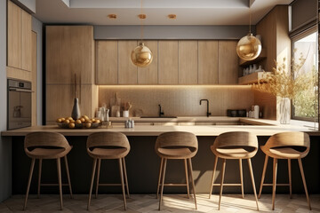 Fototapeta na wymiar Kitchen with breakfast bar. Minimalistic kitchen interior. Generative AI
