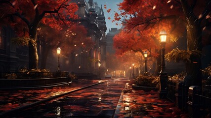 Night street with fallen leaves in autumn season.