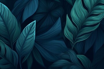 An exquisite collection of tropical leaves and foliage is artistically rendered in shades of blue, contrasted against a spacious cosmic backdrop, offering a modern and ethereal feel.