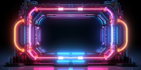 Obraz premium Computer neon frame of future quantum technologies. AI Generation 