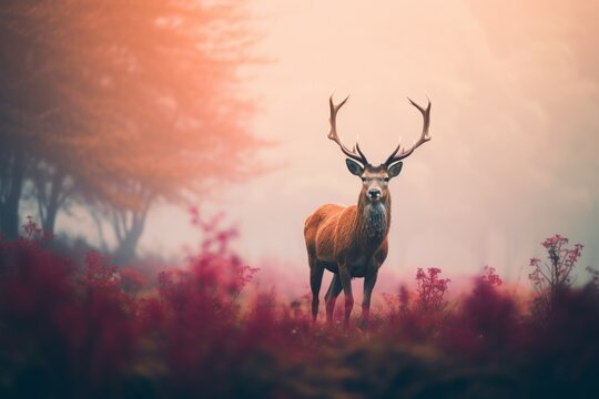 A majestic deer stands enveloped in the muted hues of a foggy morning, evoking nature's quiet beauty.