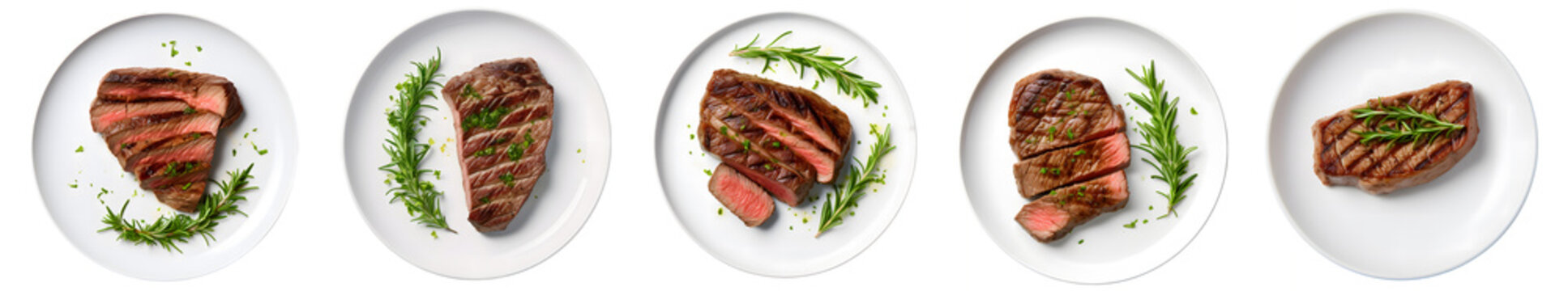 Grilled sliced Beef Steak  in white plate, top view with transparent background
