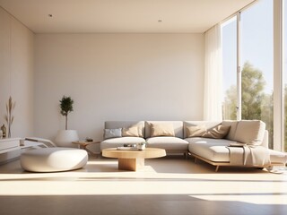 A minimalist living room embraces simplicity, featuring clean lines, neutral colors, uncluttered spaces, and essential furnishings for a serene and elegant atmosphere