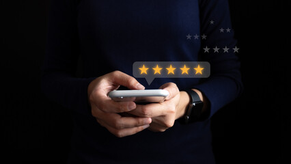Satisfied customer experience concept, happy business customer using smartphone